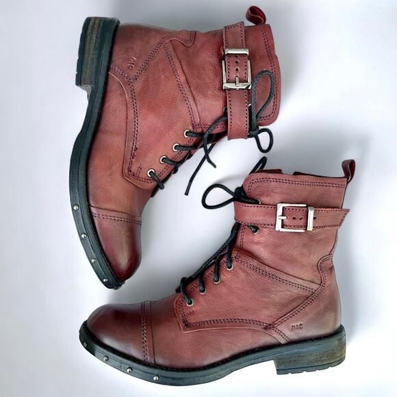 Musse & Cloud 9.5 Santana Combat Boots Red Buckle Strap Genuine Leather Studded - Picture 5 of 9